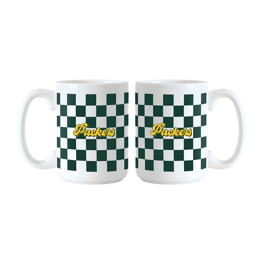 Logo Brands Green Bay Packers 2-Pack 15oz. Checkered Wordmark Mug Set