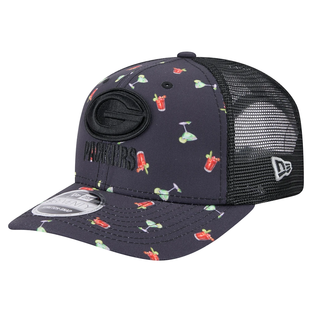 Men's New Era Navy/Black Green Bay Packers Adventure Drinks Pattern 9SEVENTY Stretch-Snap Hat