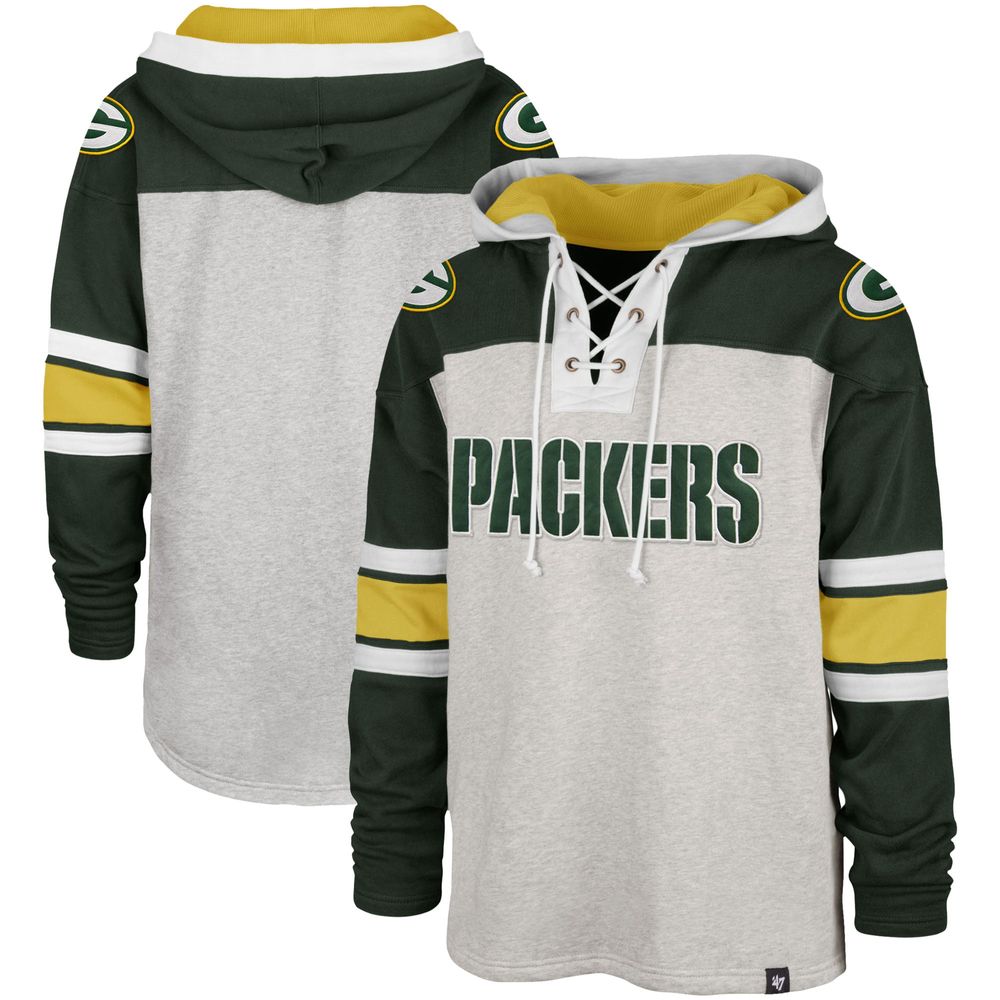 Men's '47 Gray Green Bay Packers Gridiron Lace-Up Pullover Hoodie