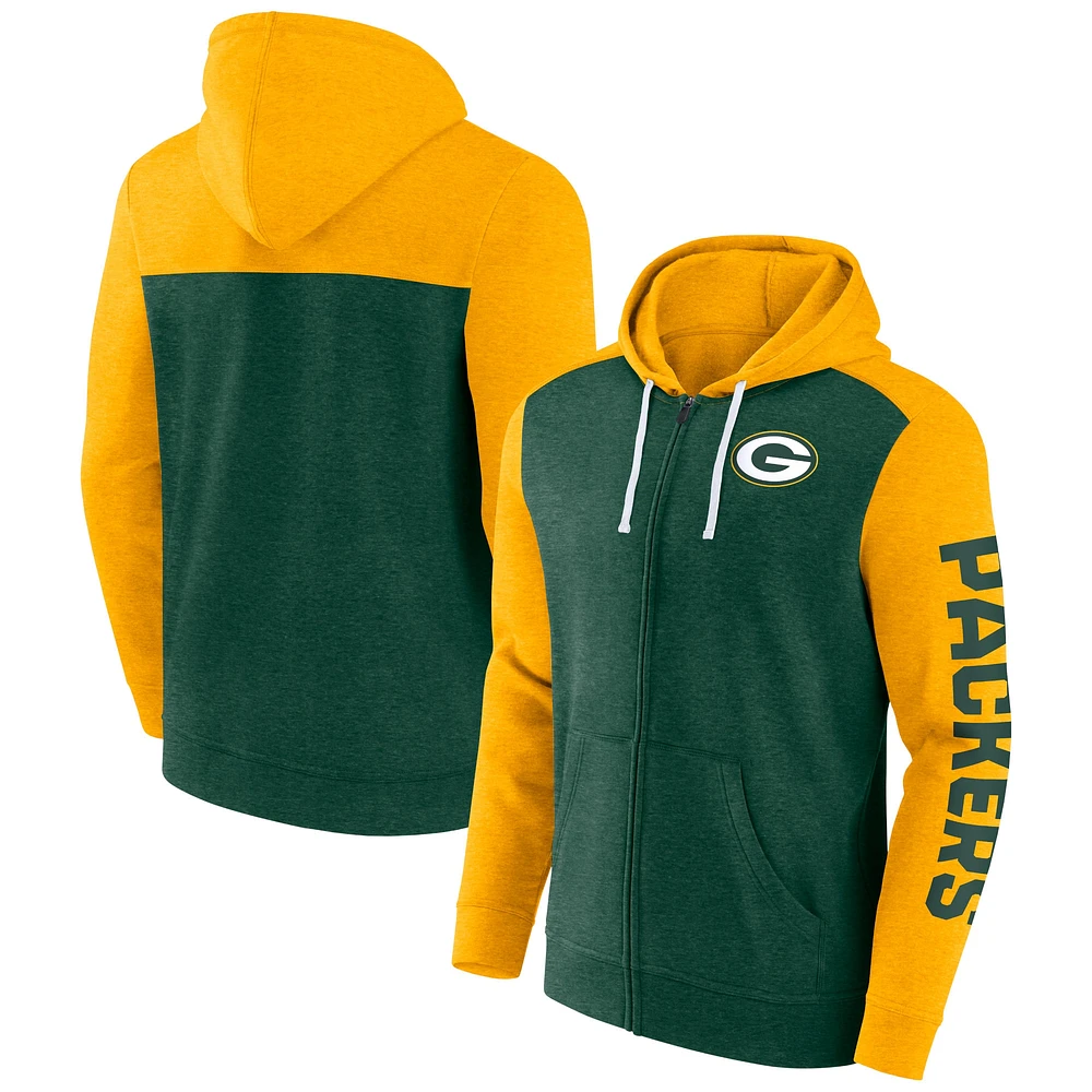 Sweat à capuche entièrement zippé pour hommes Fanatics Heather Green Bay Packers Down and Distance