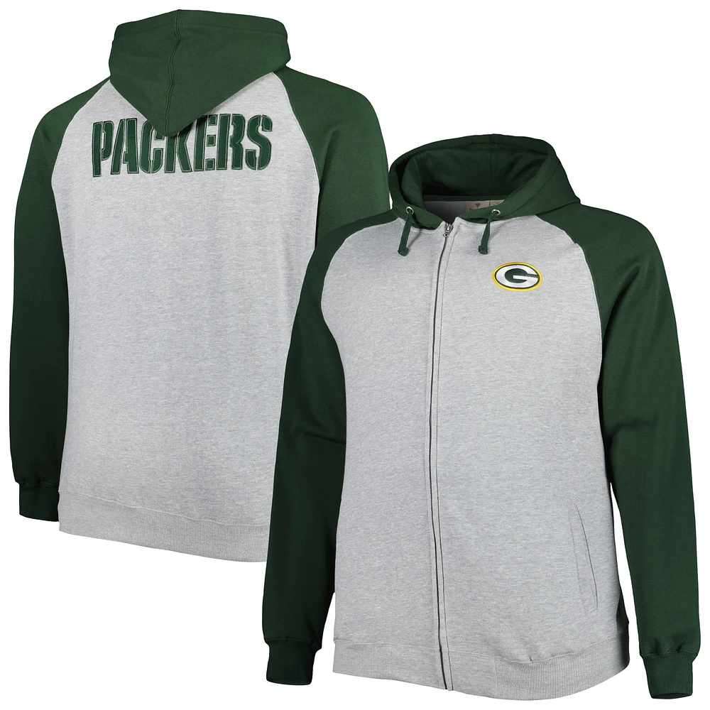 Veste à capuche raglan en polaire Big & Tall Green Bay Packers pour homme, gris chiné