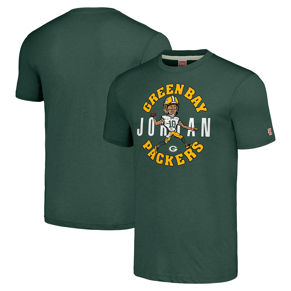 T-shirt à trois mélanges hommage Jordan Love Green pour hommes, joueur de caricature des Bay Packers