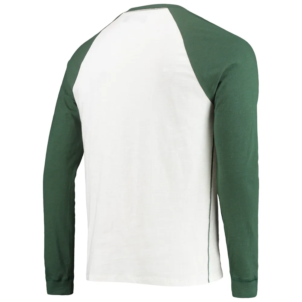 Men's Junk Food White/Green Bay Packers Colorblock Raglan Long Sleeve T-Shirt