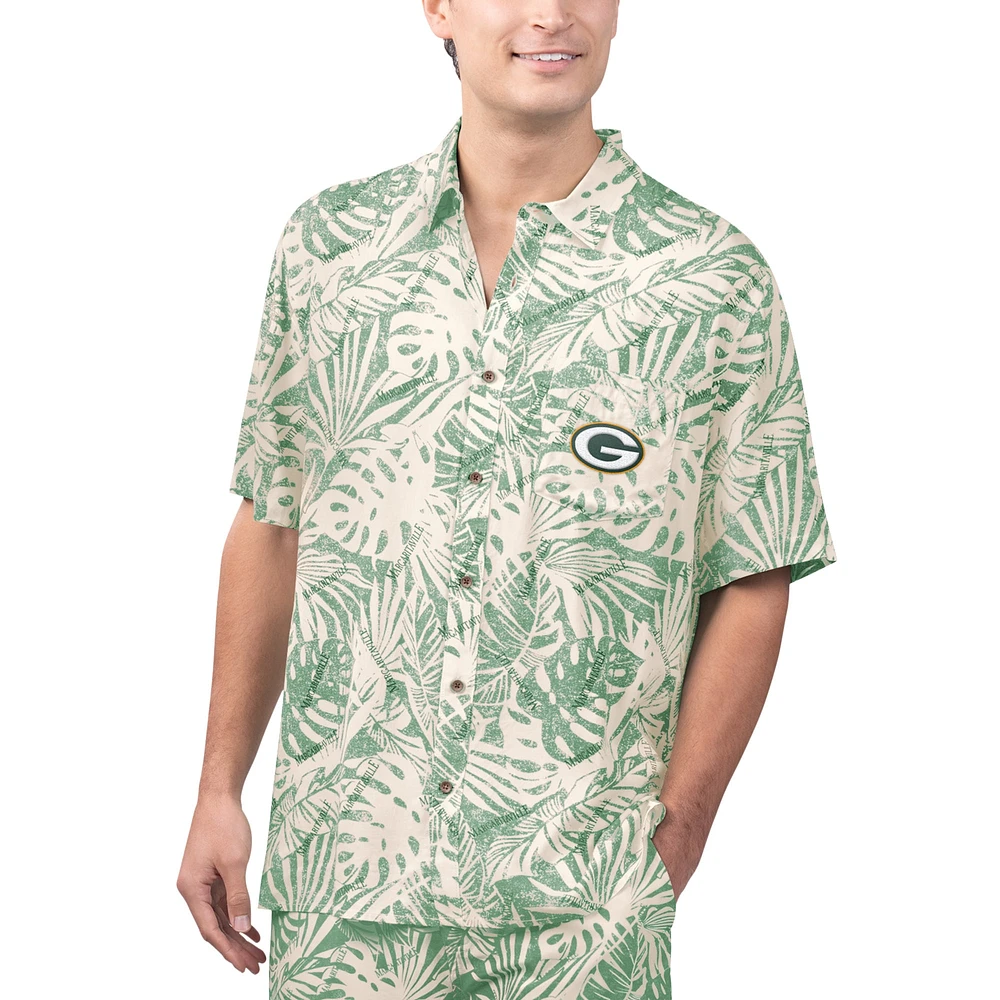 Men's Margaritaville Green Bay Packers Sandwashed Monstera Print Party Button-Up Shirt