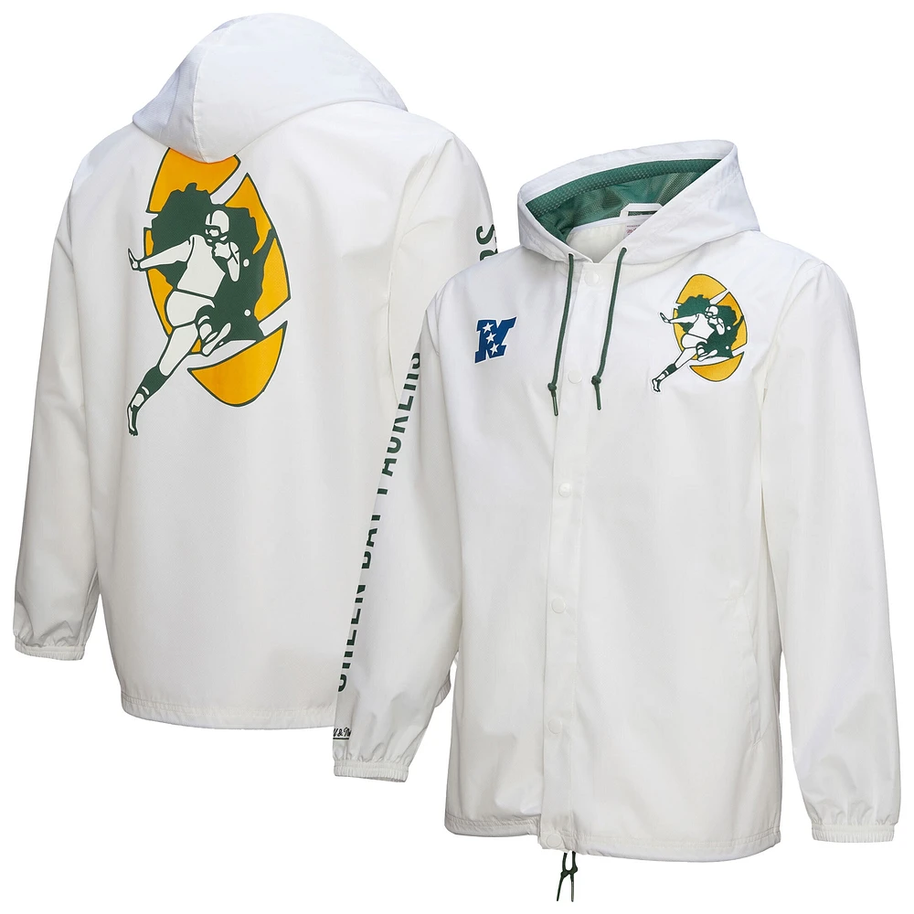 Men's Mitchell & Ness White Green Bay Packers Vintage Logo Coaches Full-Snap Hoodie Jacket