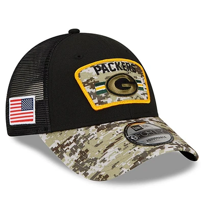 Casquette New Era noire/camouflée Green Bay Packers 2021 Salute To Service pour homme - Trucker 9FORTY Snapback Casquette réglable