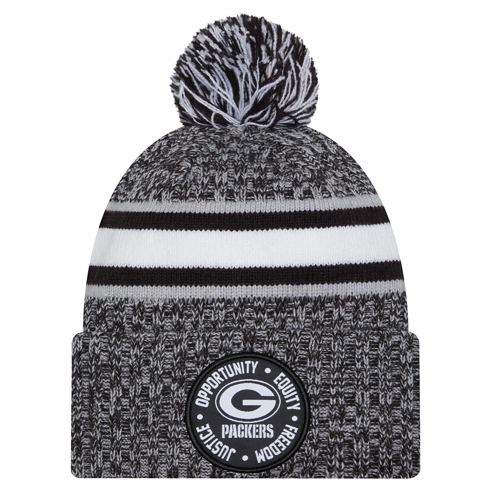 Men's New Era Black Green Bay Packers Inspire Change Cuffed Knit Hat with Pom