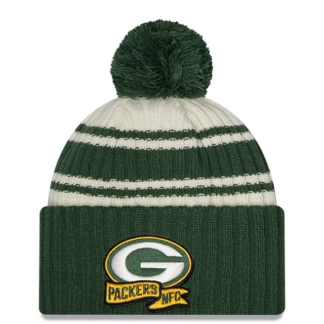 Homme New Era Crème/Vert Green Bay Packers 2022 Sideline - Tuque Sport en tricot à revers avec pompons