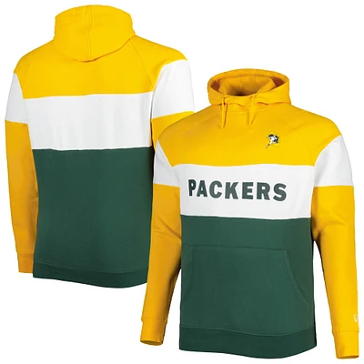 Men's New Era Gold/Green Green Bay Packers Big & Tall Throwback Colorblock Fleece Raglan Pullover Hoodie