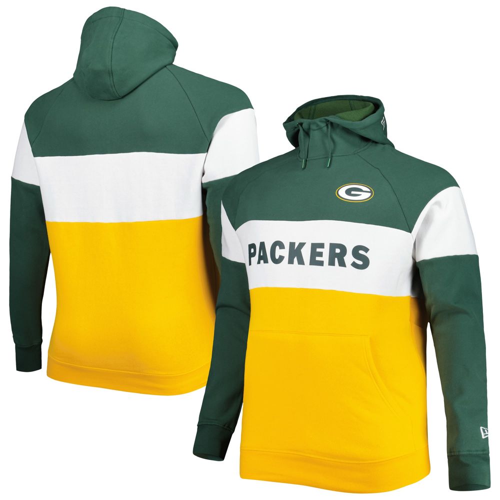 Men's New Era Green/Gold Green Bay Packers Big & Tall Current Colorblock Raglan Fleece Pullover Hoodie