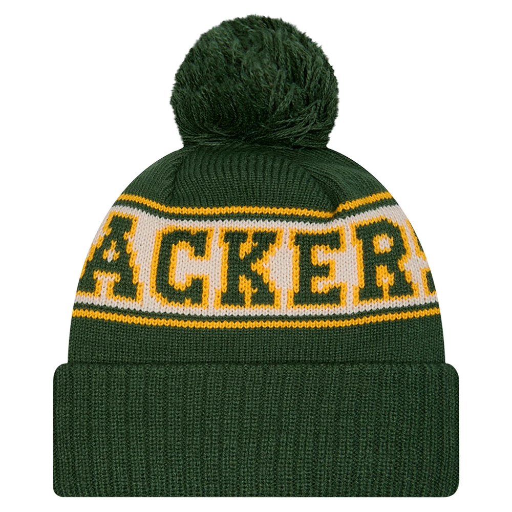 Bonnet en tricot à revers rétro Green Bay Packers de New Era pour homme avec pompon