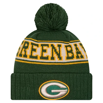 Bonnet en tricot à revers rétro Green Bay Packers de New Era pour homme avec pompon