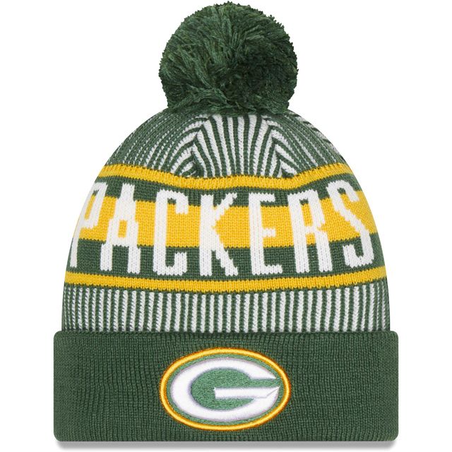 Green Bay Packers New Era pour homme à rayures vertes - Bonnet en tricot à revers avec pompon