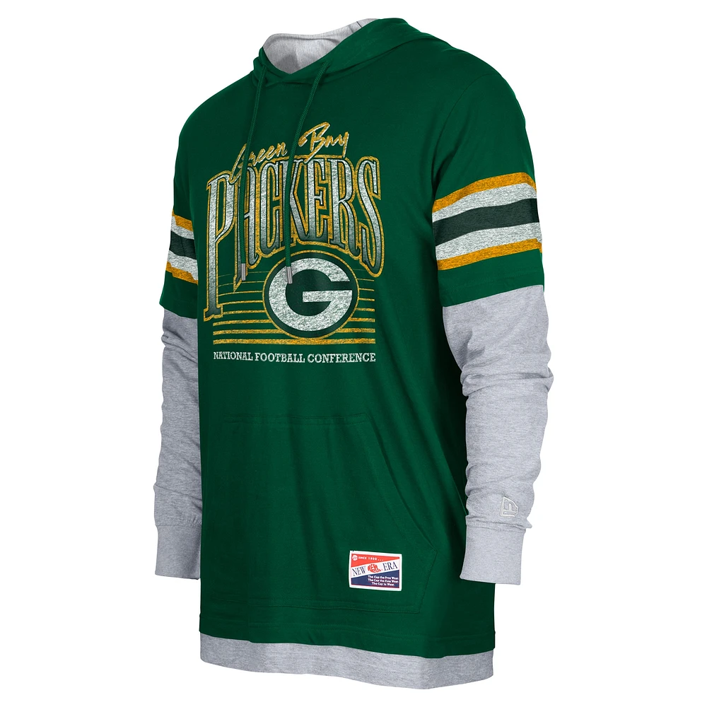 T-shirt à capuche manches longues Twofer Green Bay Packers pour homme New Era vert