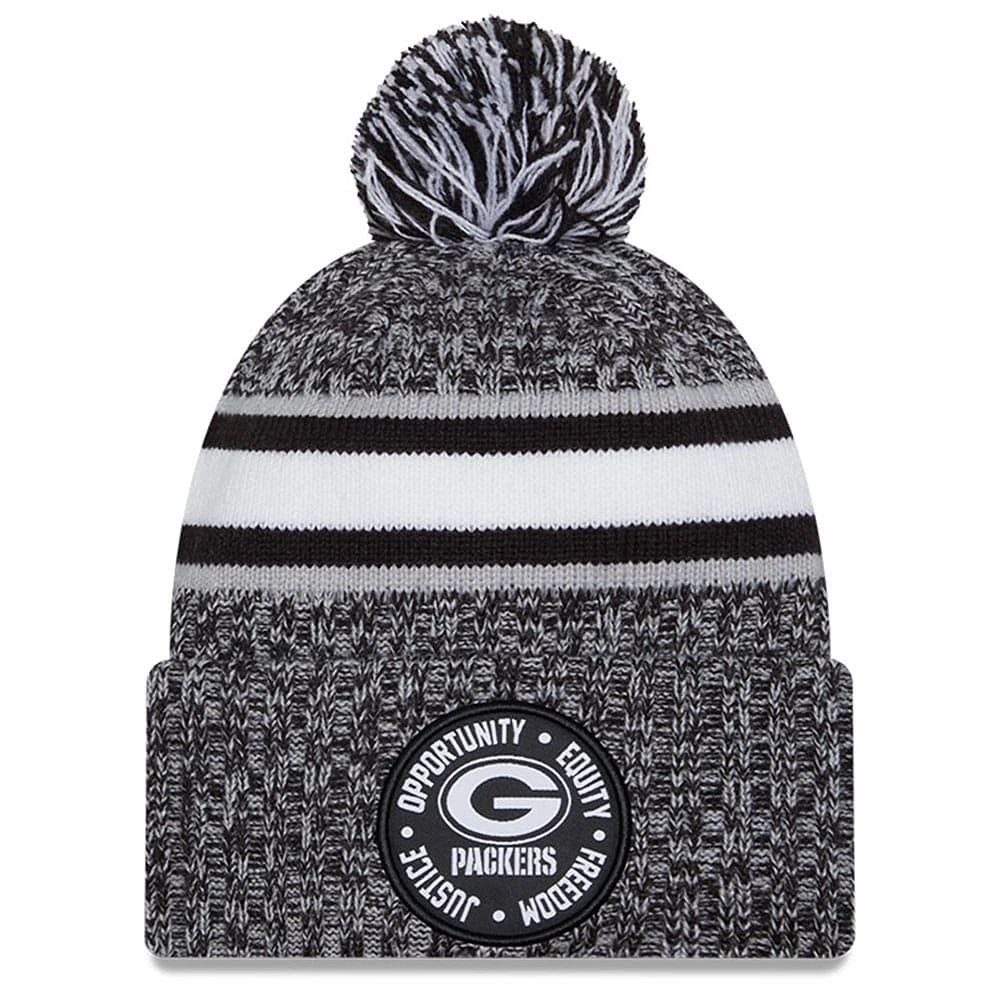 Bonnet en tricot à revers Inspire Change 2023 New Era Heather Black Green Bay Packers pour hommes avec pompon