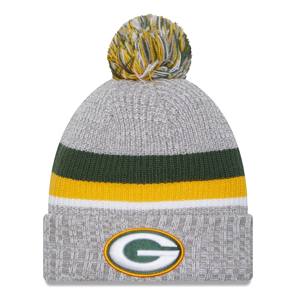 Bonnet en tricot à revers New Era pour hommes, gris chiné, Green Bay Packers, avec pompon