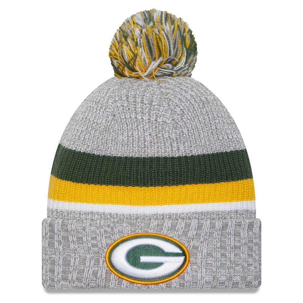 Bonnet en tricot à revers New Era pour hommes, gris chiné, Green Bay Packers, avec pompon