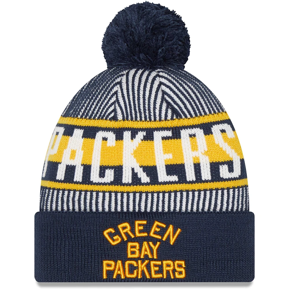 Men's New Era Navy Green Bay Packers Striped Cuffed Knit Hat with Pom