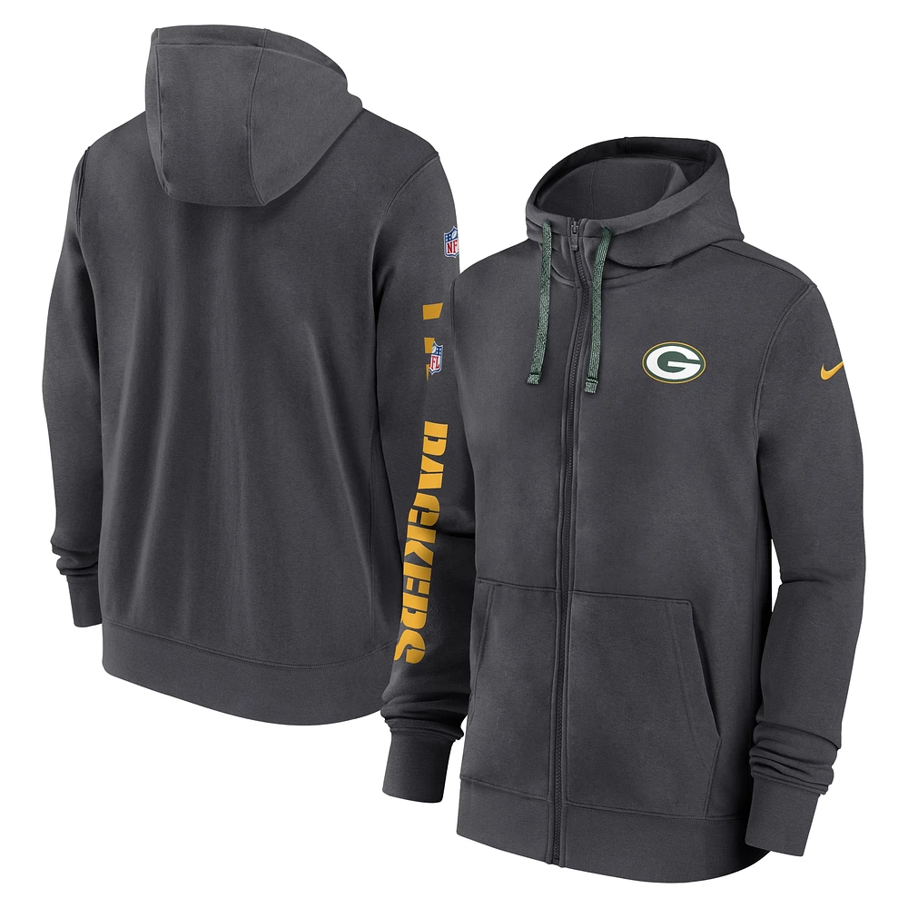 Men's Nike Anthracite Green Bay Packers 2024 Sideline Club Full-Zip Hoodie