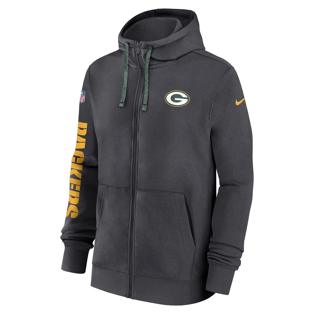 Men's Nike Anthracite Green Bay Packers 2024 Sideline Club Full-Zip Hoodie