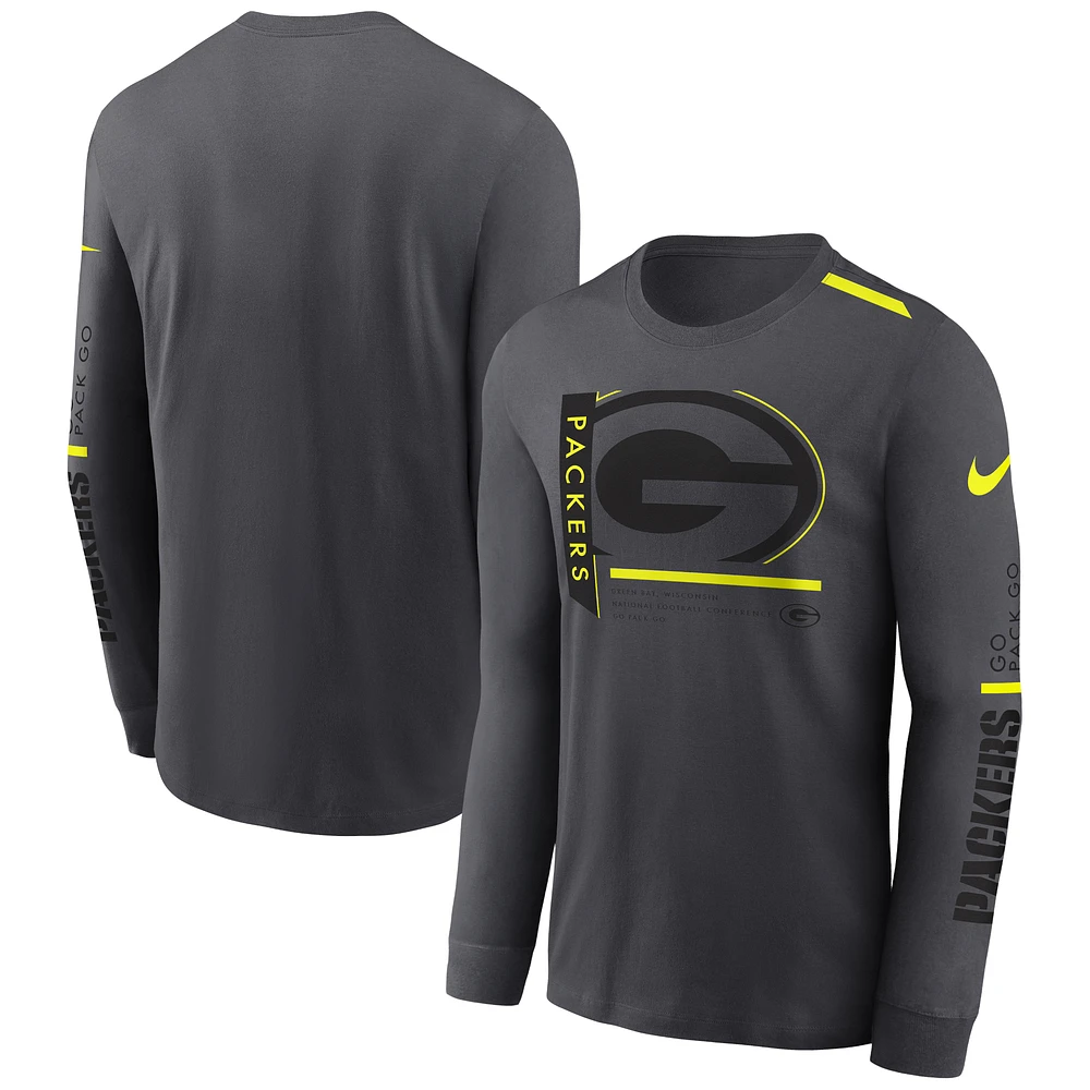 T-shirt à manches longues Volt Performance Green Bay Packers Nike pour homme, anthracite