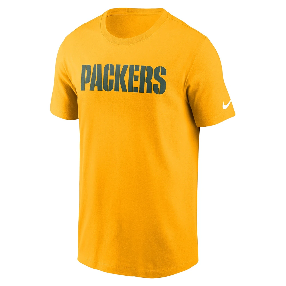 Men's Nike Gold Green Bay Packers Primetime Wordmark Essential T-Shirt