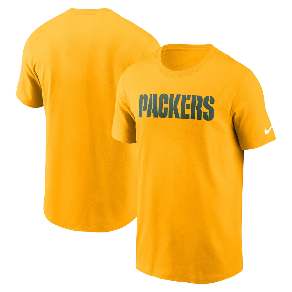 Men's Nike Gold Green Bay Packers Primetime Wordmark Essential T-Shirt