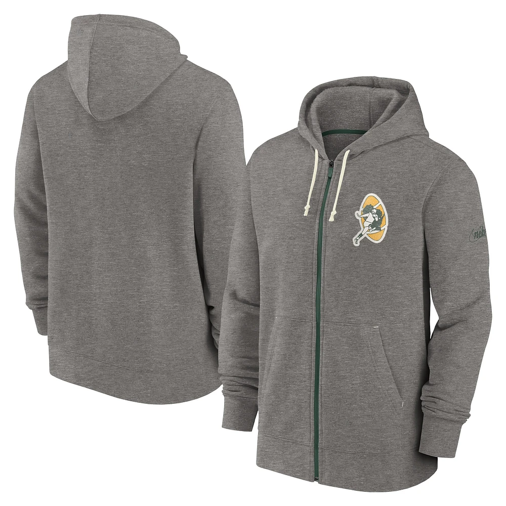 Sweat à capuche entièrement zippé Nike Heather Charcoal Green Bay Packers Historic Lifestyle pour homme