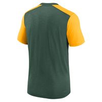 Men's Nike Heathered Green/Heathered Gold Green Bay Packers Color Block Team Name T-Shirt