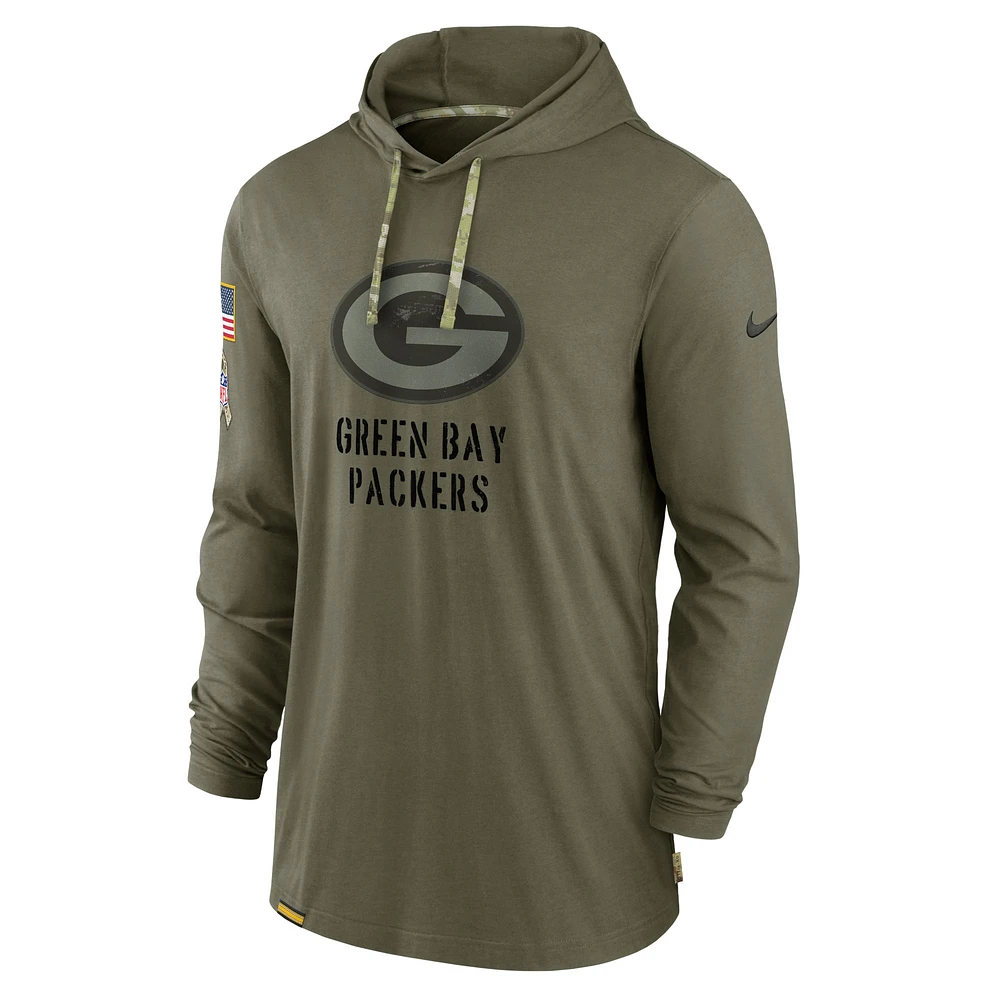 Men's Nike Olive Green Bay Packers 2022 Salute to Service Tonal Lightweight Long Sleeve Hooded T-Shirt