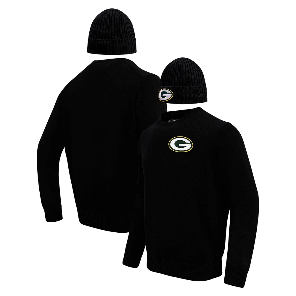 Coffret cadeau Pro Standard Black Green Bay Packers pour hommes, pull à col rond et bonnet en tricot revers