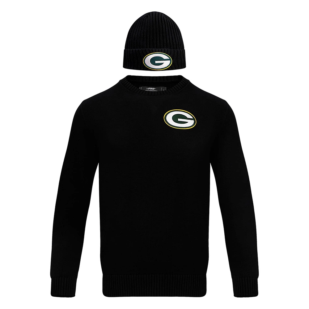 Men's Pro Standard Black Green Bay Packers Crewneck Pullover Sweater & Cuffed Knit Hat Box Gift Set