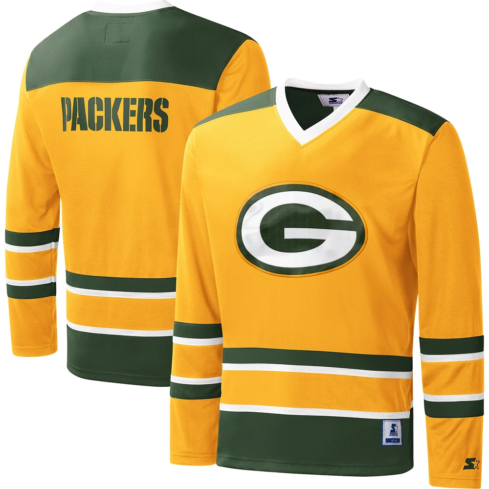 Men's Starter Gold Green Bay Packers Cross-Check V-Neck Long Sleeve T-Shirt