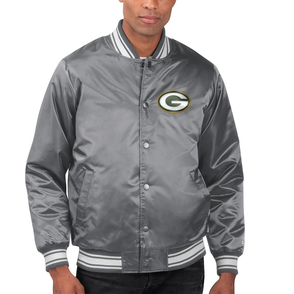 Veste universitaire à bouton-pression en satin pour vestiaire Starter Silver Green Bay Packers hommes