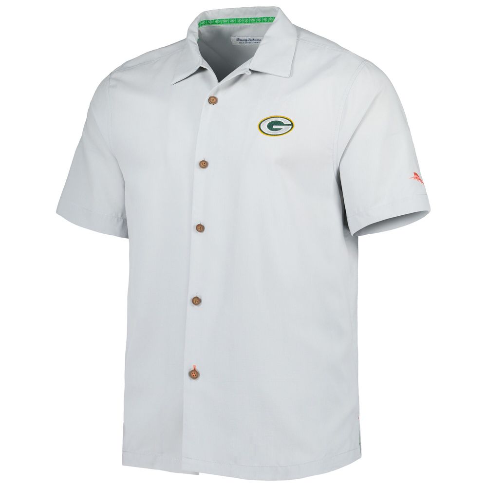 Men's Tommy Bahama Gray Green Bay Packers Coconut Point Frondly Fan Camp IslandZone Button-Up Shirt