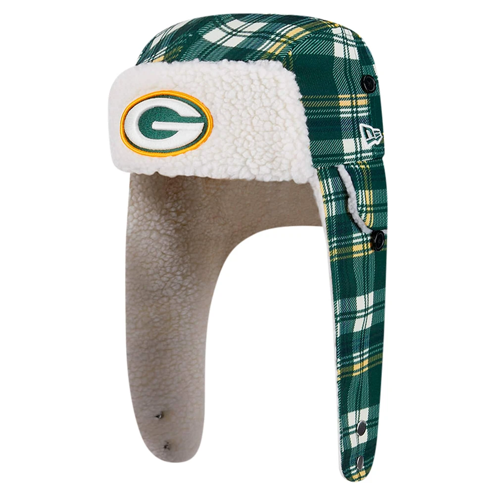 Casquette trappeur Sherpa à carreaux Sideline Green Bay Packers de New Era verte