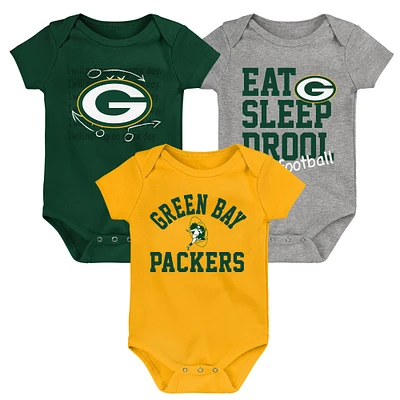 Lot de trois bodys rétro Eat, Sleep & Drool pour nouveau-nés et nourrissons vert/doré/gris chiné Green Bay Packers