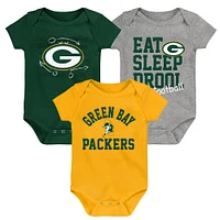 Lot de trois bodys rétro Eat, Sleep & Drool pour nouveau-nés et nourrissons vert/doré/gris chiné Green Bay Packers