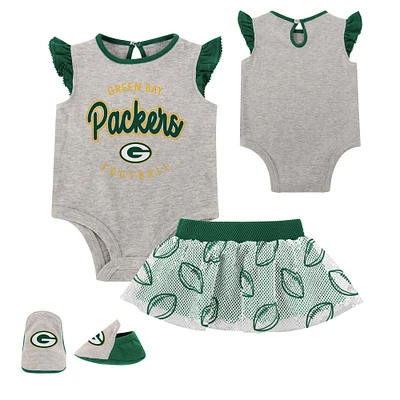 Nouveau-né Heather Grey/Green Green Bay Packers All Dolled Up Ensemble trois pièces body, jupe et chaussons