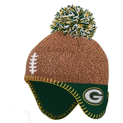 Bonnet en tricot de tête de football Green Bay Packers marron/vert préscolaire avec pompon