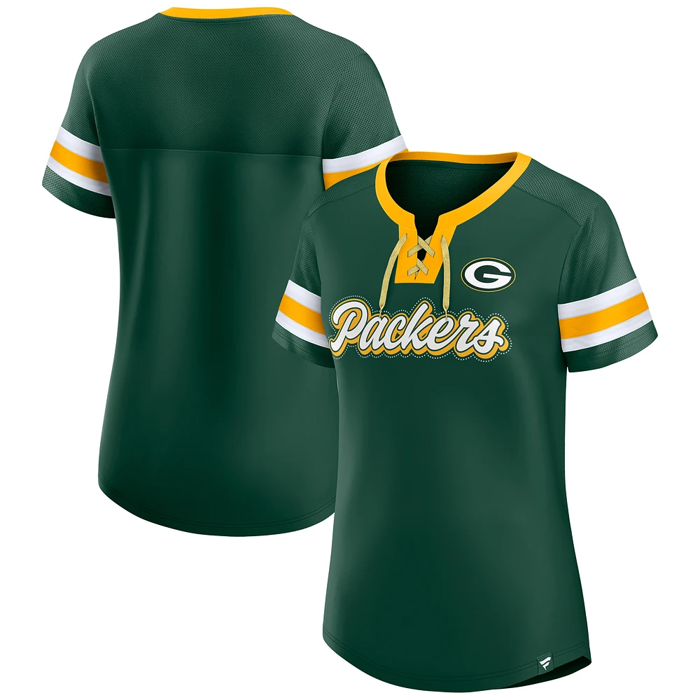 T-shirt à lacets emblématique Athena True Catch pour femme avec strass Fanatics Green Bay Packers