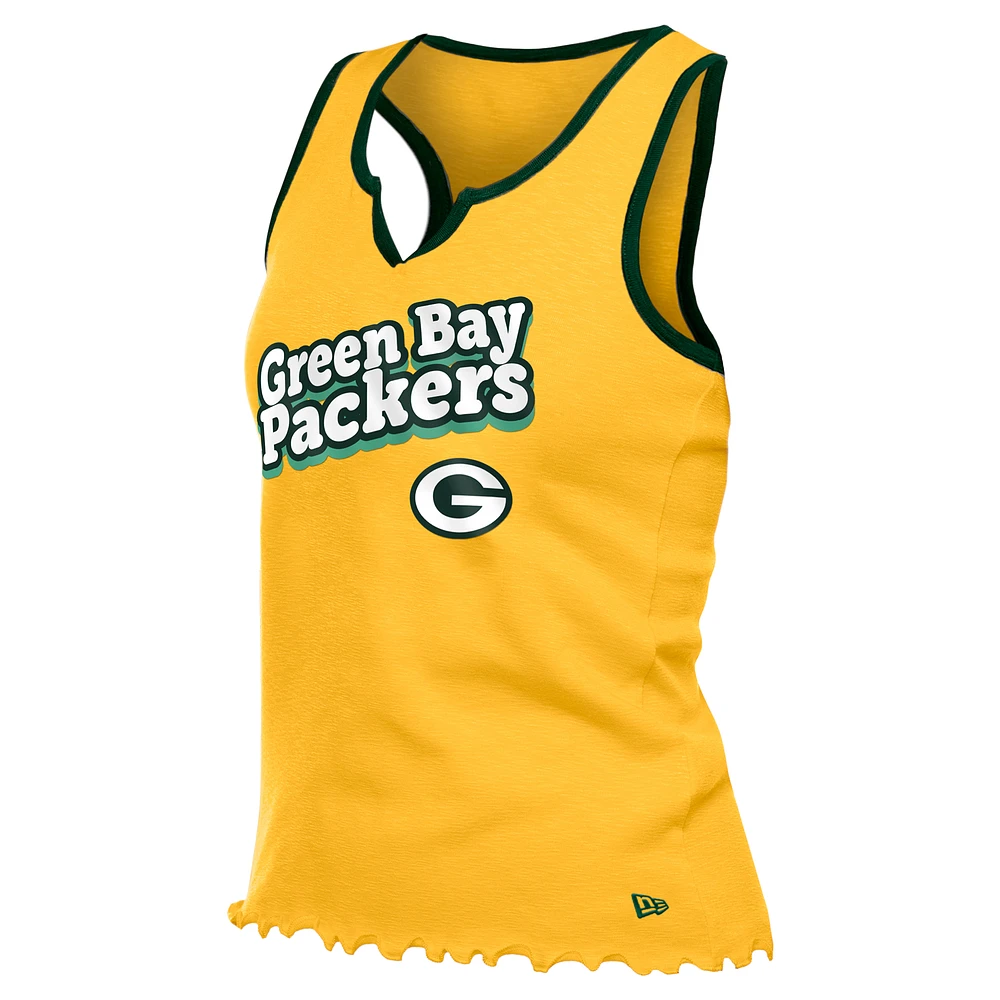 Women's New Era  Gold Green Bay Packers Lettuce Hem Notch Neck Tri-Blend Tank Top