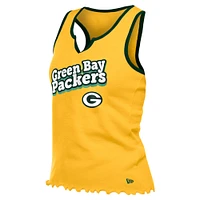 Women's New Era  Gold Green Bay Packers Lettuce Hem Notch Neck Tri-Blend Tank Top