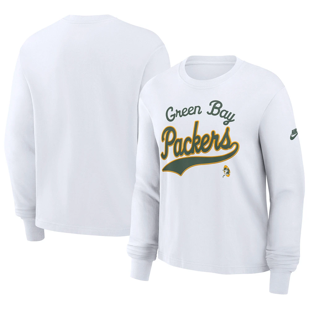 Women's Nike White Green Bay Packers Essential Long Sleeve Boxy T-Shirt