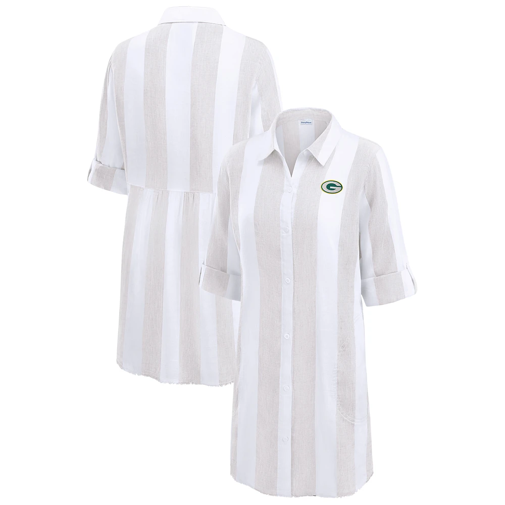 Women's Tommy Bahama  Khaki/White Green Bay Packers Rugby Beach Stripe Button-Up Tunic