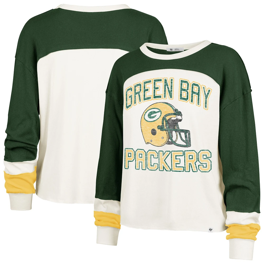 T-shirt à manches longues pour femme '47 Cream Green Bay Packers Double Header Curve Toni