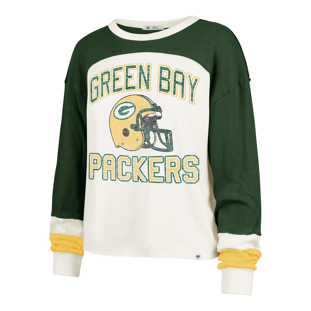 T-shirt à manches longues pour femme '47 Cream Green Bay Packers Double Header Curve Toni