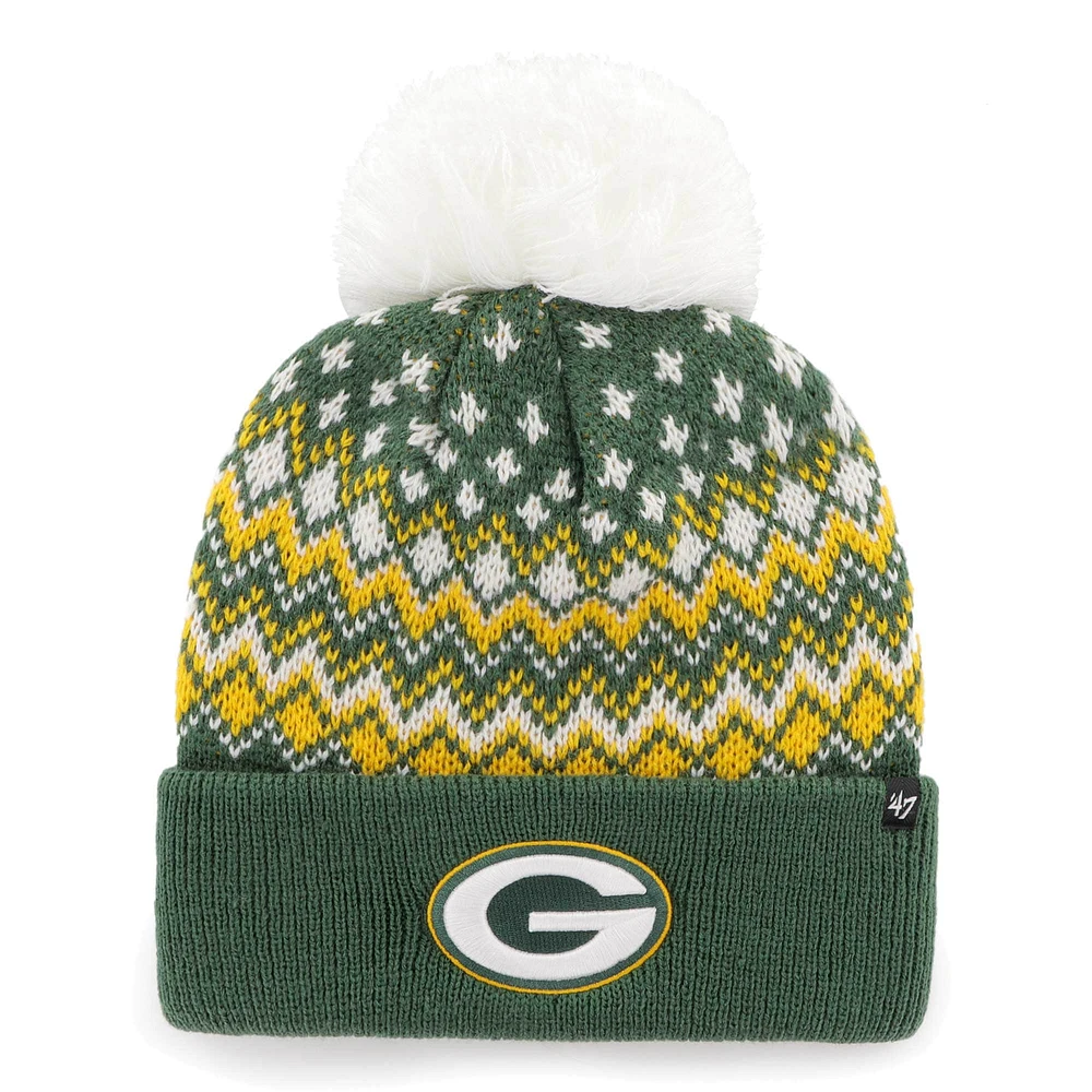 Bonnet en tricot à revers Elsa '47 Green Green Bay Packers pour femmes avec pompon