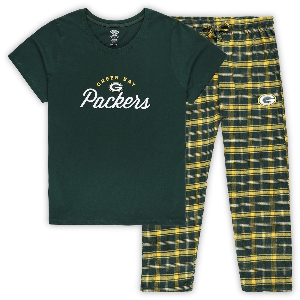 Ensemble de nuit Concepts Sport Green Bay Packers pour femmes, t-shirt avec badge et pantalon en flanelle, grande taille