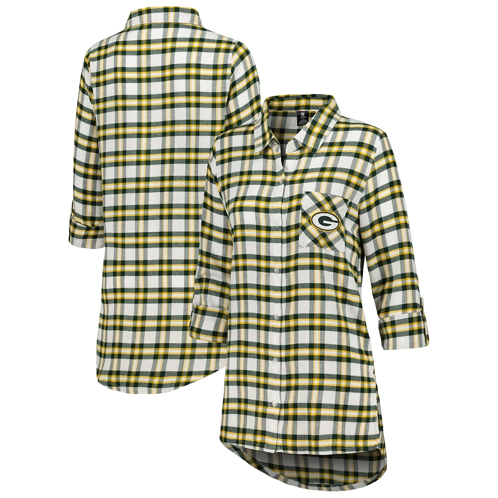 Women's Concepts Sport Green Bay Packers Sienna Plaid Full-Button Long Sleeve Nightshirt